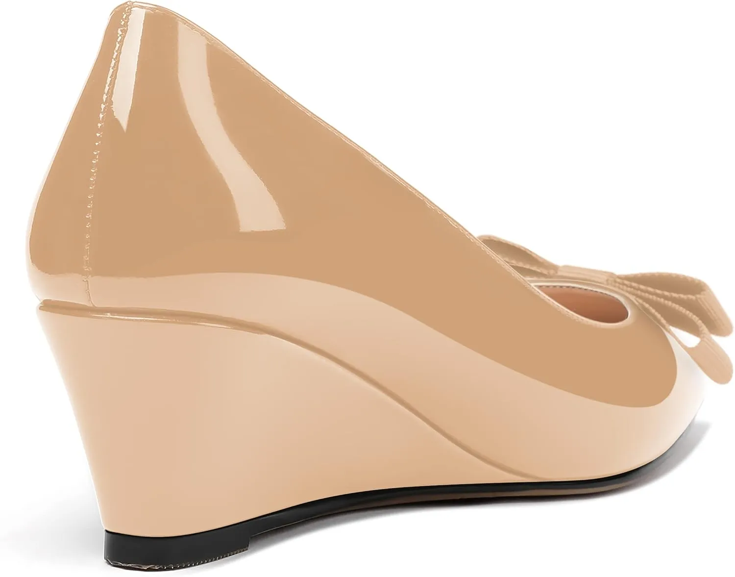 MODENCOCO Women's Slip On Pointed Toe Bow Patent Wedge Low Heel Pumps Evening Wedding Party Dress Shoes 2 Inch