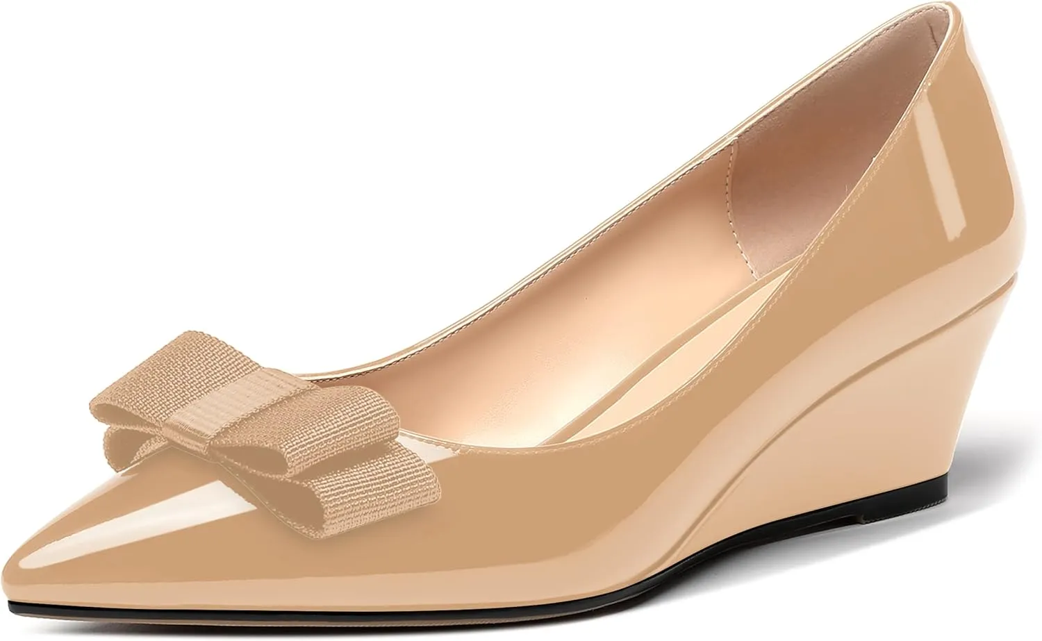 MODENCOCO Women's Slip On Pointed Toe Bow Patent Wedge Low Heel Pumps Evening Wedding Party Dress Shoes 2 Inch