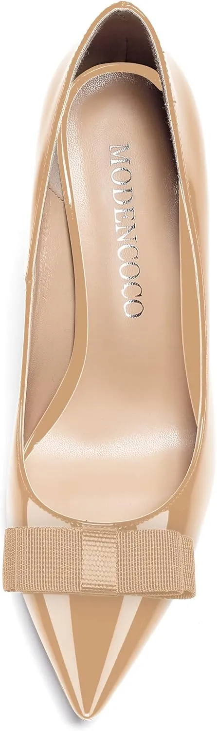 MODENCOCO Women's Slip On Pointed Toe Bow Patent Wedge Low Heel Pumps Evening Wedding Party Dress Shoes 2 Inch