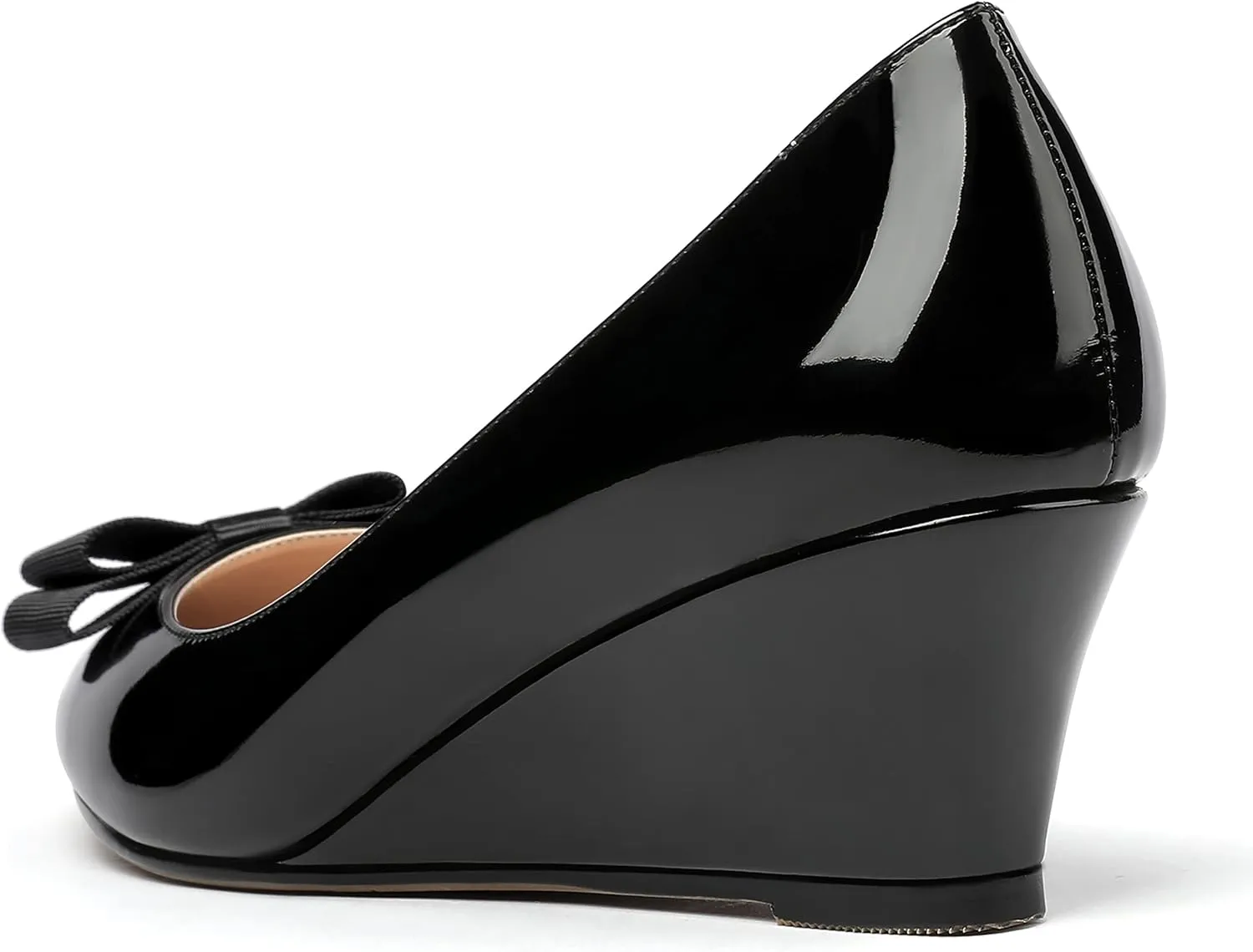 MODENCOCO Women's Slip On Pointed Toe Bow Patent Wedge Low Heel Pumps Evening Wedding Party Dress Shoes 2 Inch