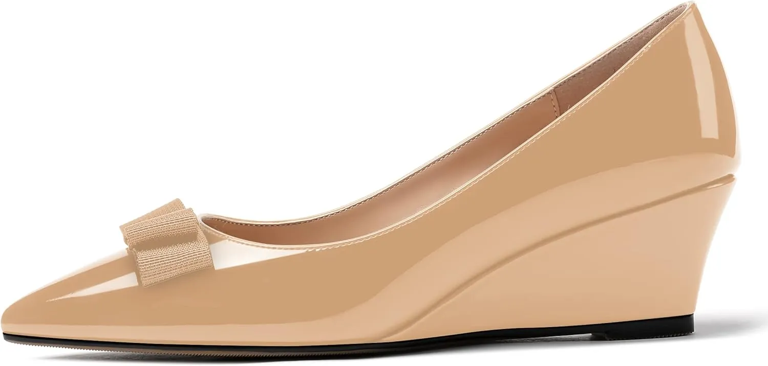 MODENCOCO Women's Slip On Pointed Toe Bow Patent Wedge Low Heel Pumps Evening Wedding Party Dress Shoes 2 Inch