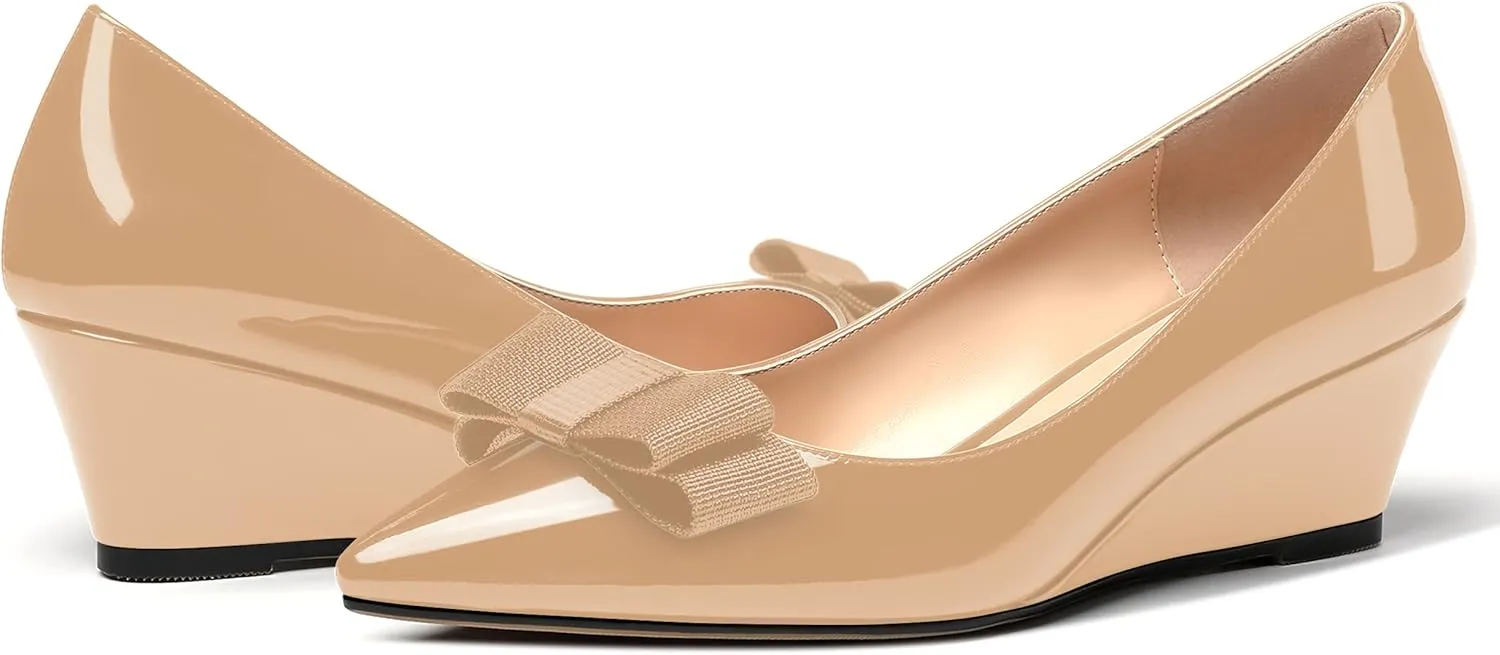 MODENCOCO Women's Slip On Pointed Toe Bow Patent Wedge Low Heel Pumps Evening Wedding Party Dress Shoes 2 Inch