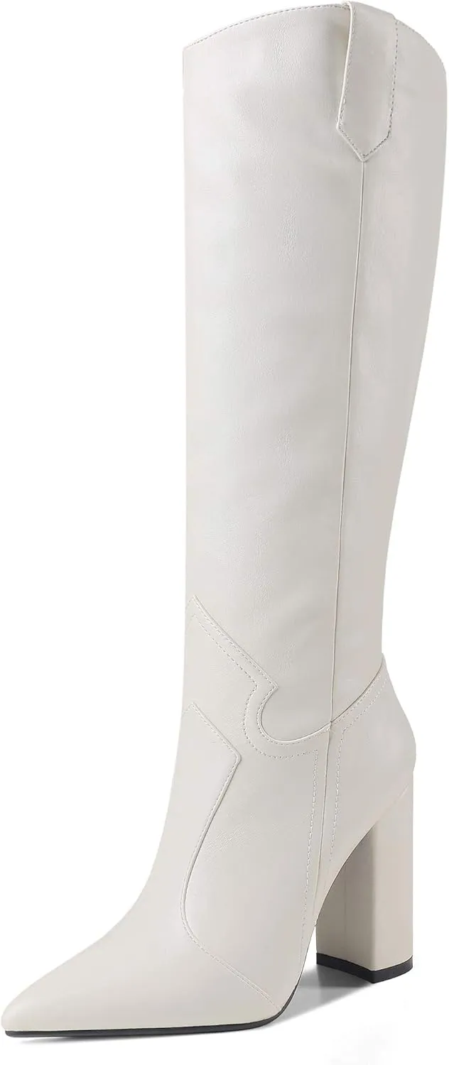 MODENCOCO Women's Slip On Pointed Toe Matte Block High Heel Knee High Boots Winter Outdoor Shoes 4 Inch