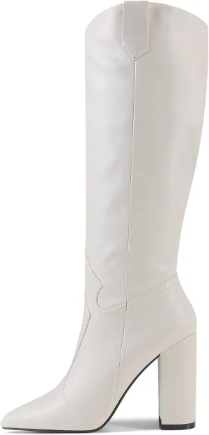 MODENCOCO Women's Slip On Pointed Toe Matte Block High Heel Knee High Boots Winter Outdoor Shoes 4 Inch