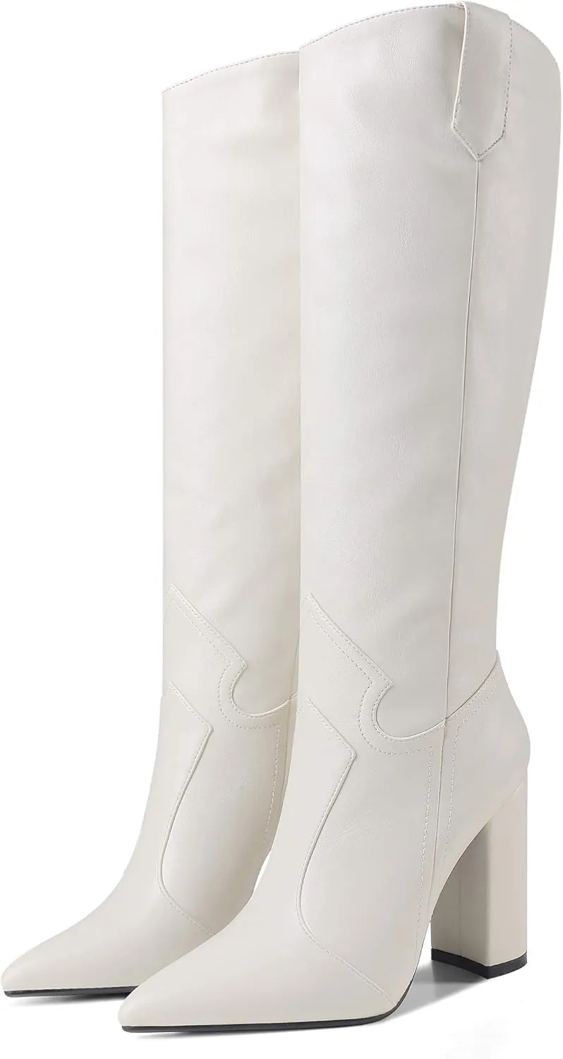 MODENCOCO Women's Slip On Pointed Toe Matte Block High Heel Knee High Boots Winter Outdoor Shoes 4 Inch