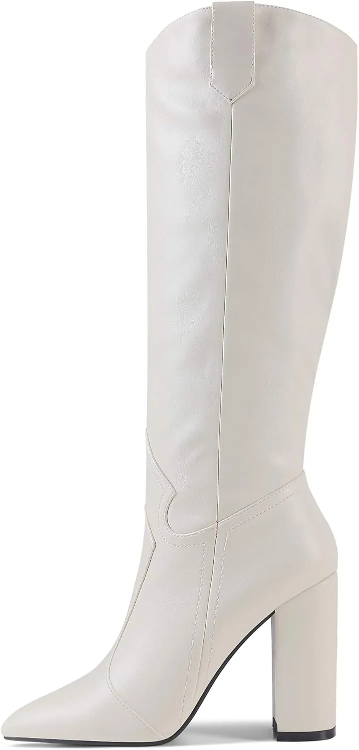 MODENCOCO Women's Slip On Pointed Toe Matte Block High Heel Knee High Boots Winter Outdoor Shoes 4 Inch