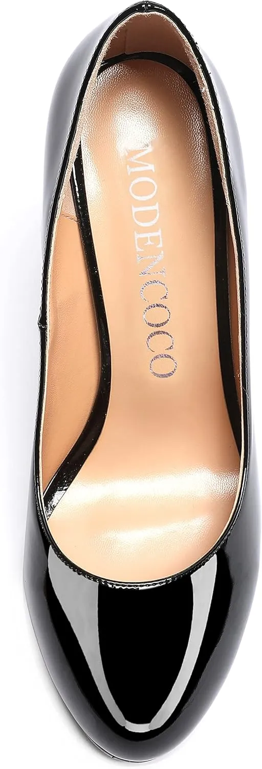 MODENCOCO Women's Slip On Round Toe Patent Solid Stiletto High Heel Pumps Shoes 4 Inch