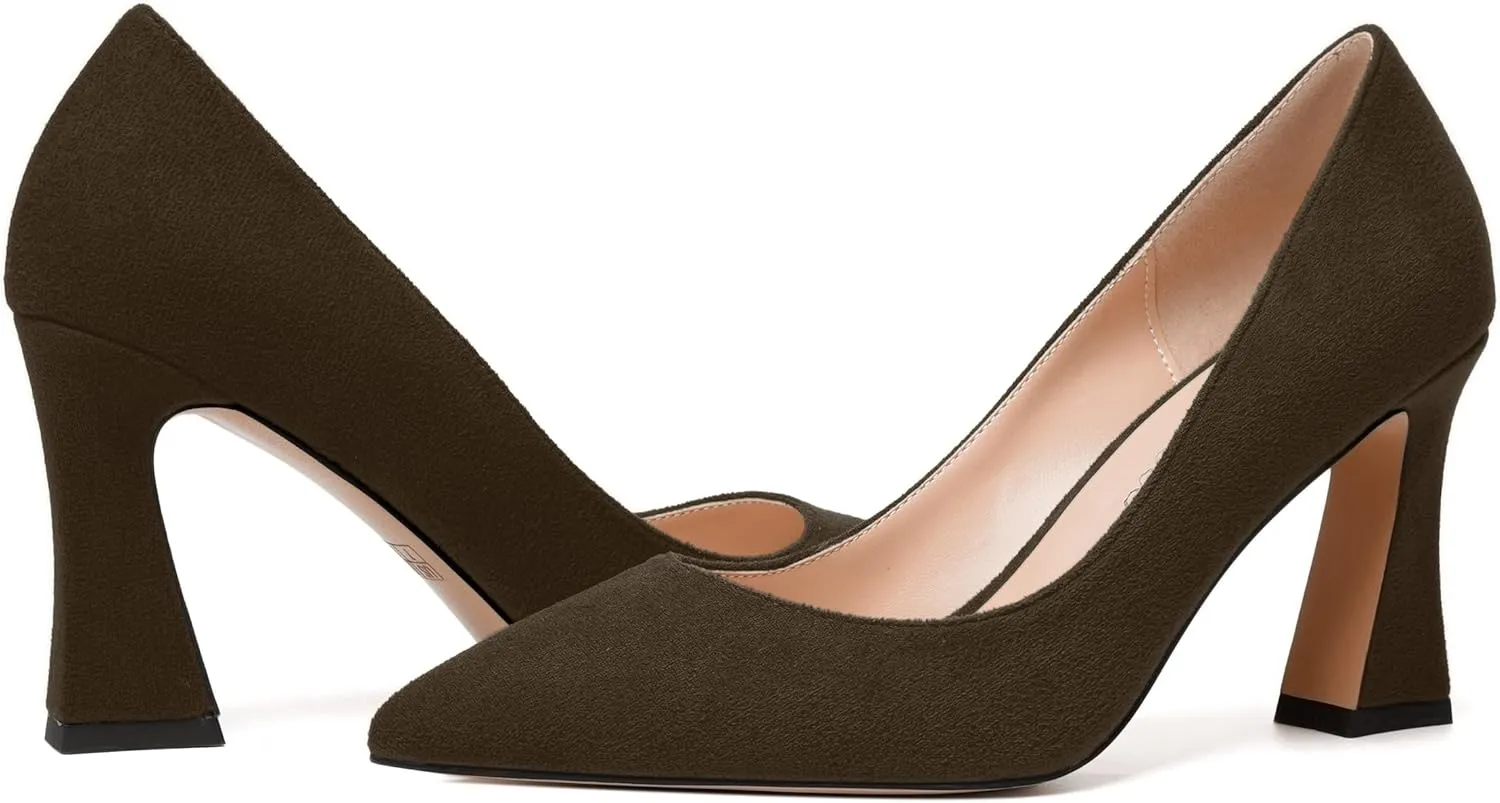 MODENCOCO Womens Slip On Solid Office Sexy Pointed Toe Fashion Suede Block High Heel Pumps Dress Shoes 3.5 Inch