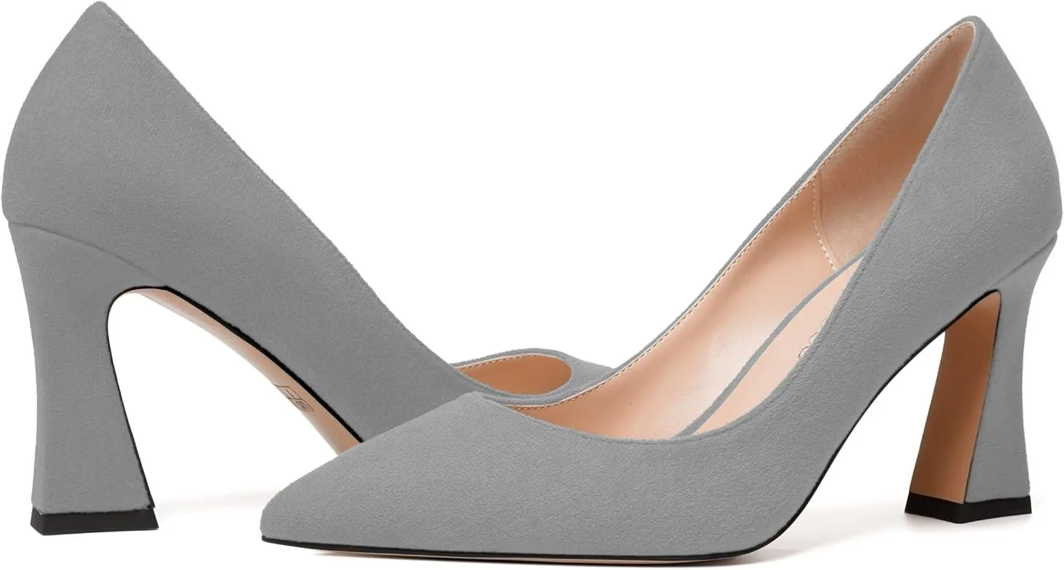 MODENCOCO Womens Slip On Solid Office Sexy Pointed Toe Fashion Suede Block High Heel Pumps Dress Shoes 3.5 Inch