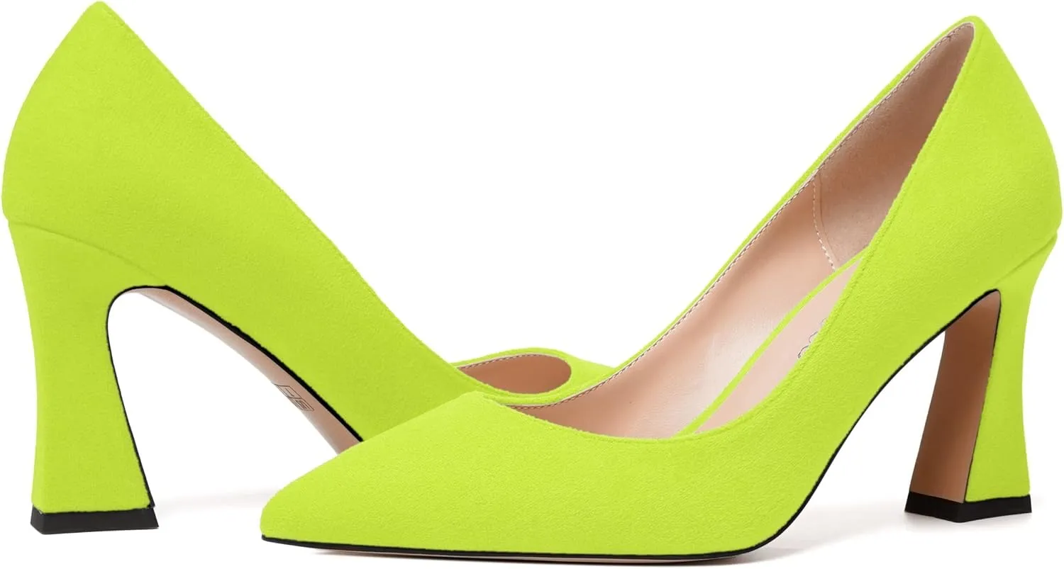 MODENCOCO Womens Slip On Solid Office Sexy Pointed Toe Fashion Suede Block High Heel Pumps Dress Shoes 3.5 Inch