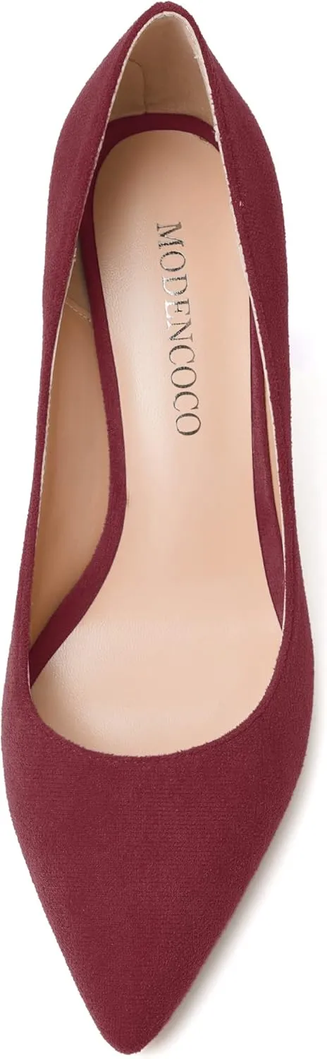 MODENCOCO Womens Slip On Solid Office Sexy Pointed Toe Fashion Suede Block High Heel Pumps Dress Shoes 3.5 Inch