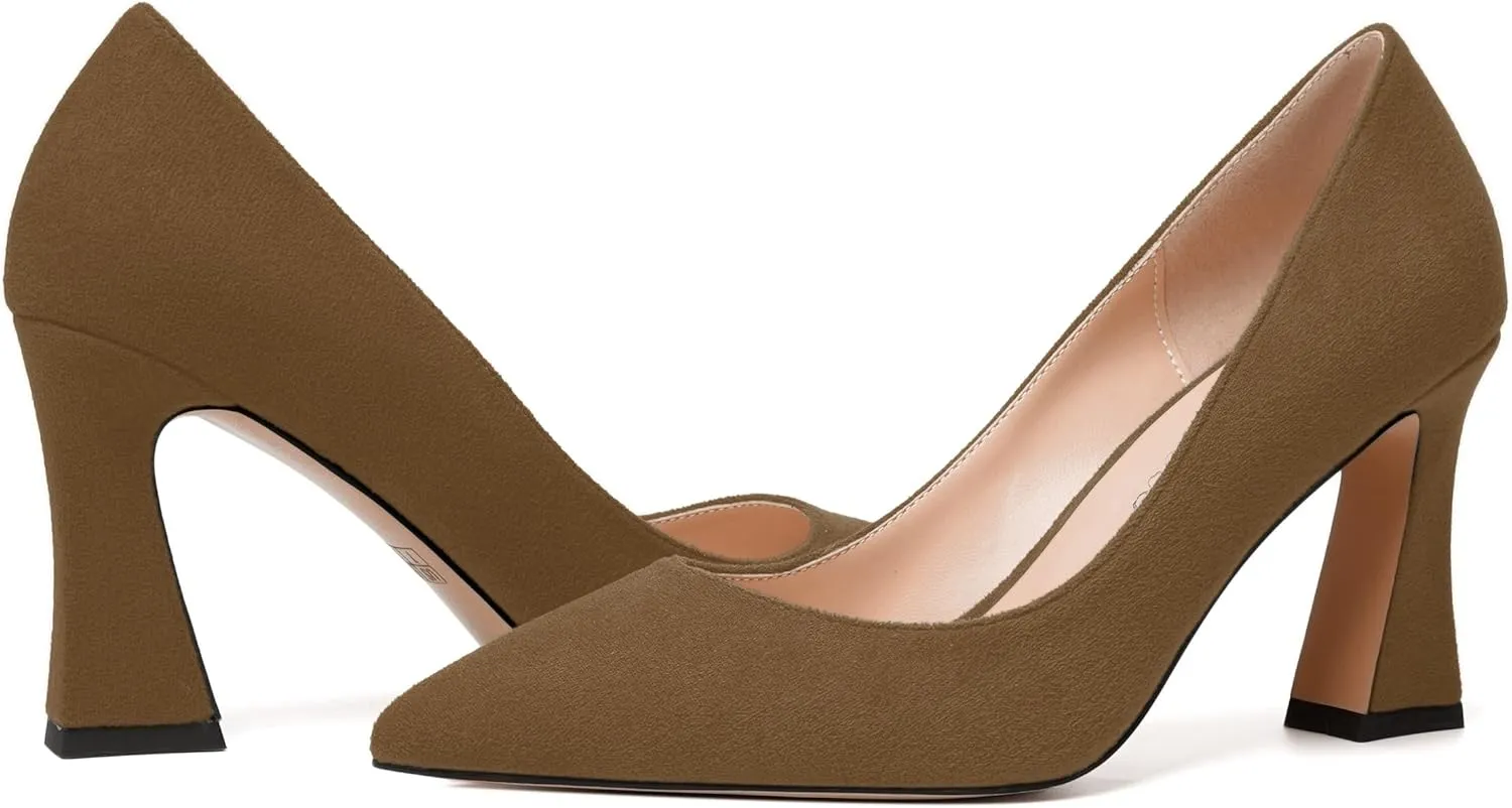 MODENCOCO Womens Slip On Solid Office Sexy Pointed Toe Fashion Suede Block High Heel Pumps Dress Shoes 3.5 Inch