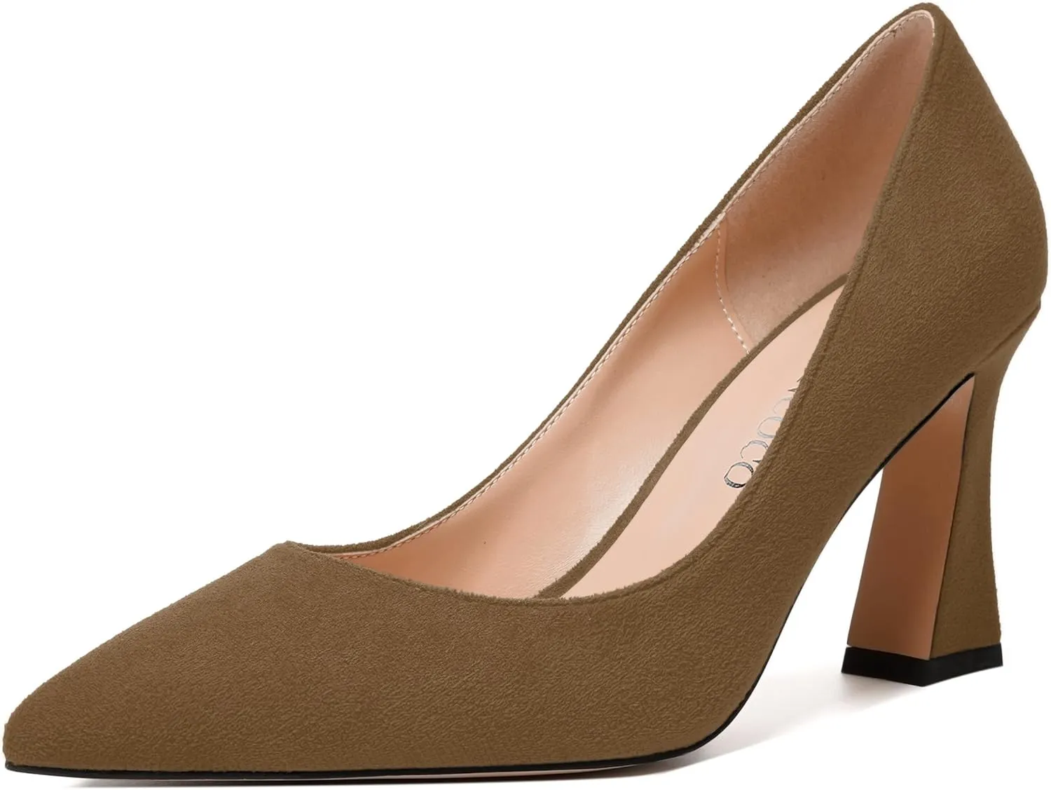 MODENCOCO Womens Slip On Solid Office Sexy Pointed Toe Fashion Suede Block High Heel Pumps Dress Shoes 3.5 Inch