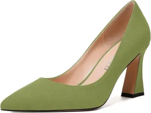 MODENCOCO Womens Slip On Solid Office Sexy Pointed Toe Fashion Suede Block High Heel Pumps Dress Shoes 3.5 Inch