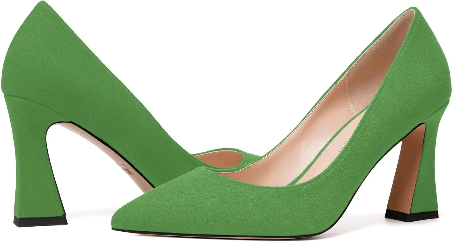 MODENCOCO Womens Slip On Solid Office Sexy Pointed Toe Fashion Suede Block High Heel Pumps Dress Shoes 3.5 Inch