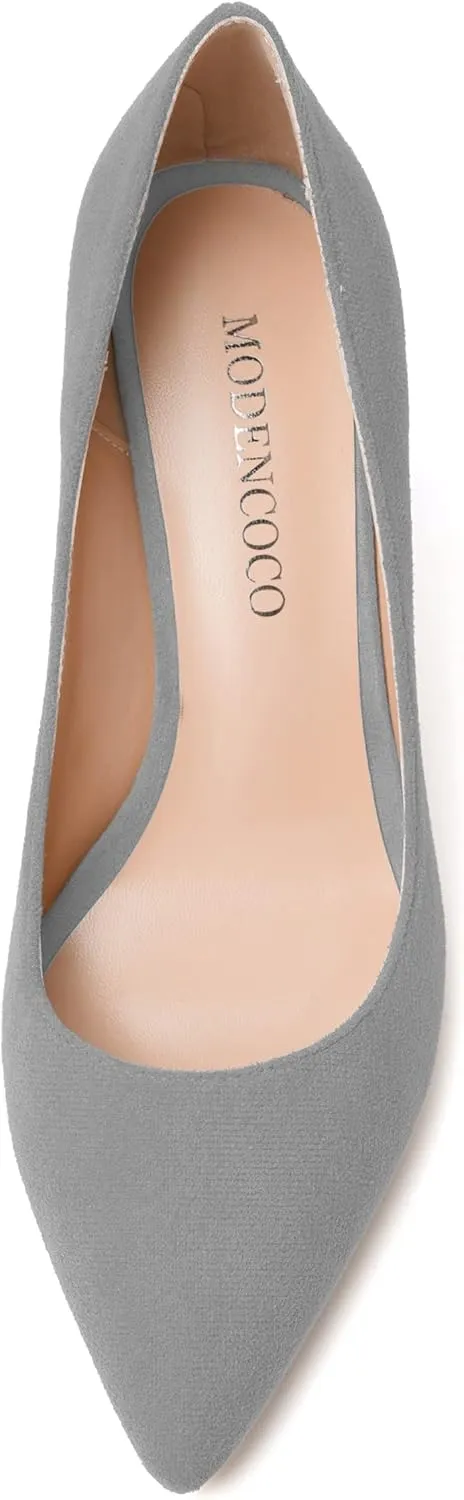 MODENCOCO Womens Slip On Solid Office Sexy Pointed Toe Fashion Suede Block High Heel Pumps Dress Shoes 3.5 Inch