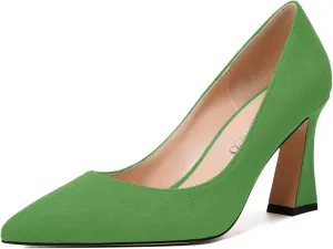 MODENCOCO Womens Slip On Solid Office Sexy Pointed Toe Fashion Suede Block High Heel Pumps Dress Shoes 3.5 Inch