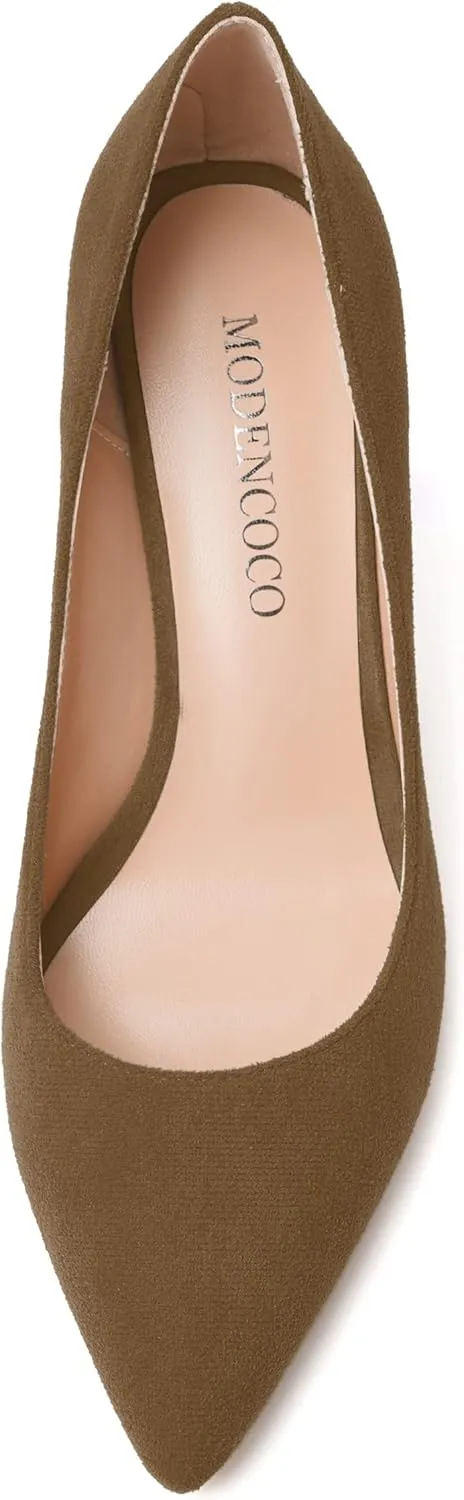MODENCOCO Womens Slip On Solid Office Sexy Pointed Toe Fashion Suede Block High Heel Pumps Dress Shoes 3.5 Inch