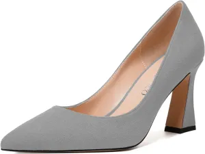 MODENCOCO Womens Slip On Solid Office Sexy Pointed Toe Fashion Suede Block High Heel Pumps Dress Shoes 3.5 Inch