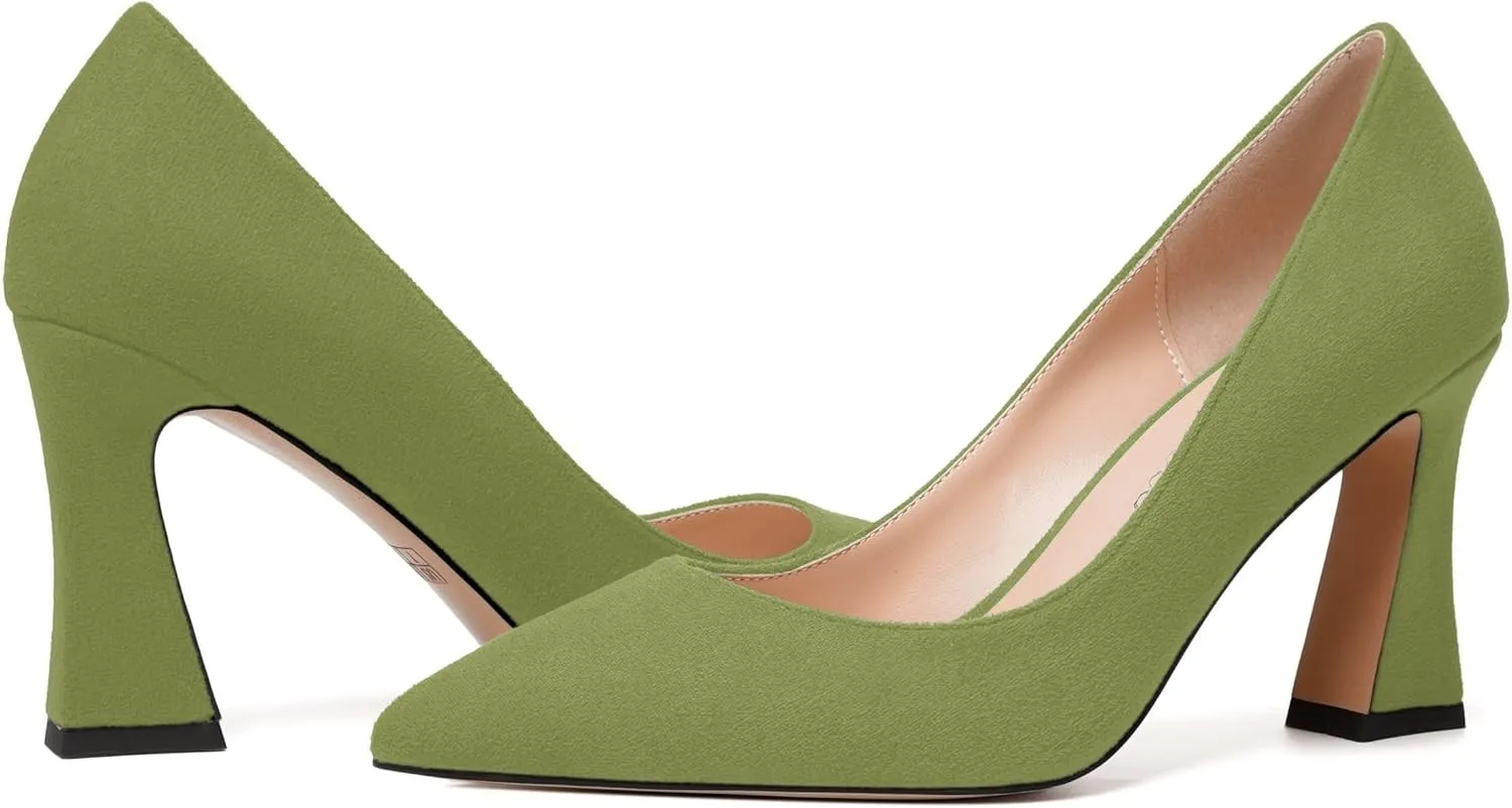MODENCOCO Womens Slip On Solid Office Sexy Pointed Toe Fashion Suede Block High Heel Pumps Dress Shoes 3.5 Inch