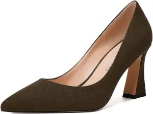 MODENCOCO Womens Slip On Solid Office Sexy Pointed Toe Fashion Suede Block High Heel Pumps Dress Shoes 3.5 Inch