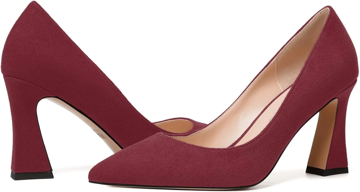 MODENCOCO Womens Slip On Solid Office Sexy Pointed Toe Fashion Suede Block High Heel Pumps Dress Shoes 3.5 Inch