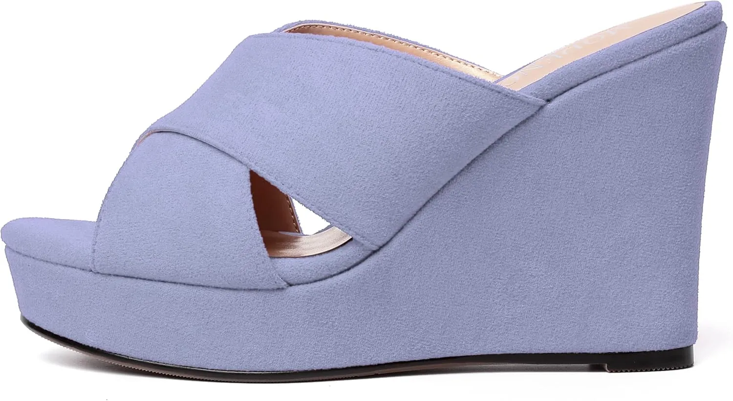 MODENCOCO Womens Suede Platform Slip On Open Toe Dressy Sexy Party Wedge High Heel Heeled Sandals 4 Inch