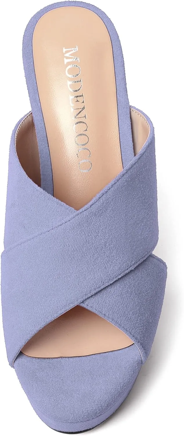 MODENCOCO Womens Suede Platform Slip On Open Toe Dressy Sexy Party Wedge High Heel Heeled Sandals 4 Inch