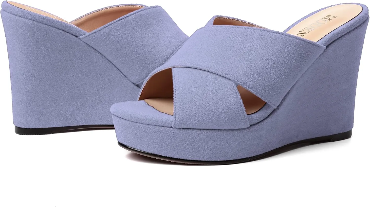 MODENCOCO Womens Suede Platform Slip On Open Toe Dressy Sexy Party Wedge High Heel Heeled Sandals 4 Inch