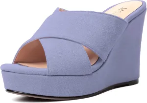 MODENCOCO Womens Suede Platform Slip On Open Toe Dressy Sexy Party Wedge High Heel Heeled Sandals 4 Inch