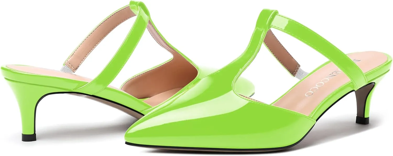 MODENCOCO Womens T Strap Sexy Night Club Slip On Patent Pointed Toe Fashion Kitten Low Heel Mules Dress Shoes 2 Inch