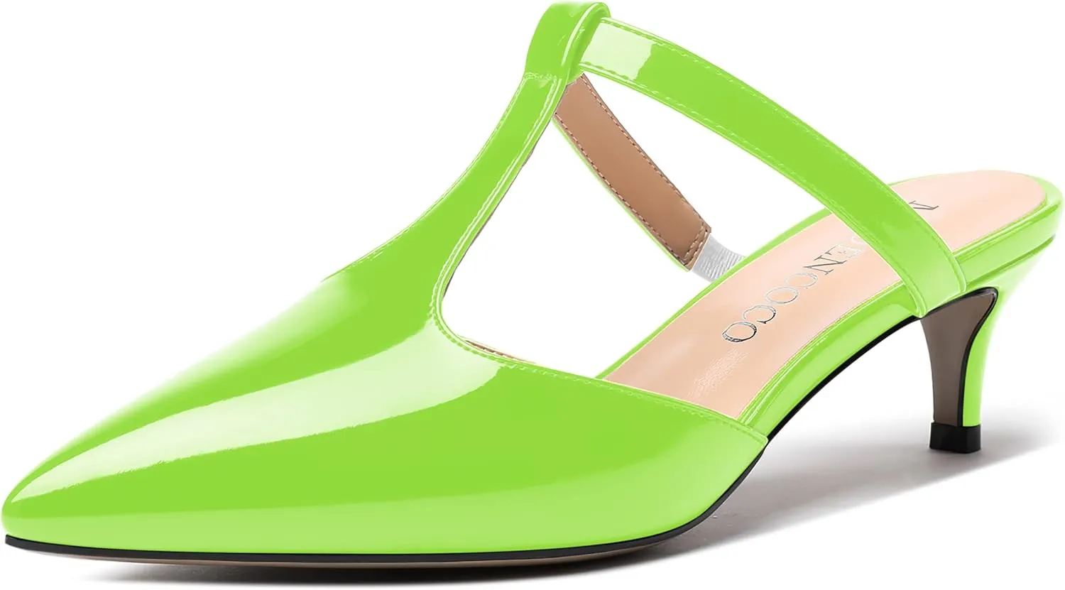 MODENCOCO Womens T Strap Sexy Night Club Slip On Patent Pointed Toe Fashion Kitten Low Heel Mules Dress Shoes 2 Inch