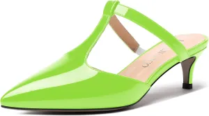 MODENCOCO Womens T Strap Sexy Night Club Slip On Patent Pointed Toe Fashion Kitten Low Heel Mules Dress Shoes 2 Inch