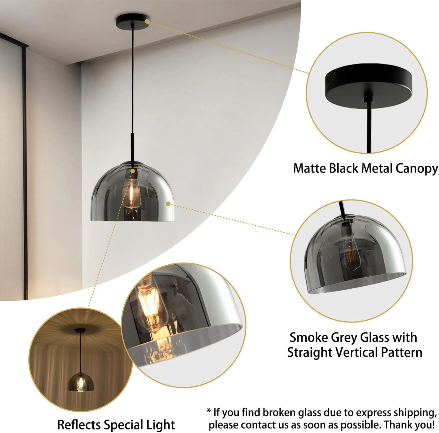 Modern Dome Pendant Lighting Fixtures, 11.8 Inch Large Boho Chandelier, Rustic Farmhouse Industrial Hanging Ceiling Lamp with Grey Glass Bell Lampshade for Kitchen Island Dining Room