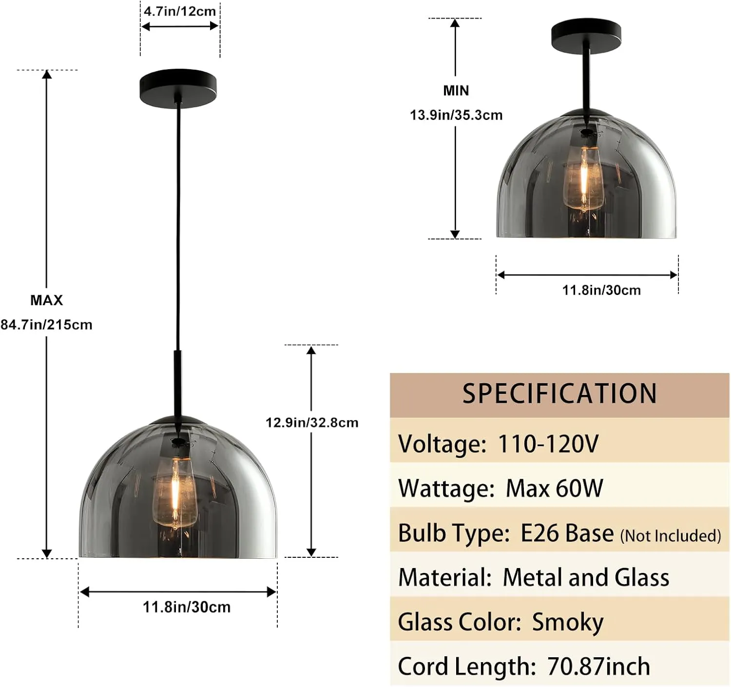 Modern Dome Pendant Lighting Fixtures, 11.8 Inch Large Boho Chandelier, Rustic Farmhouse Industrial Hanging Ceiling Lamp with Grey Glass Bell Lampshade for Kitchen Island Dining Room