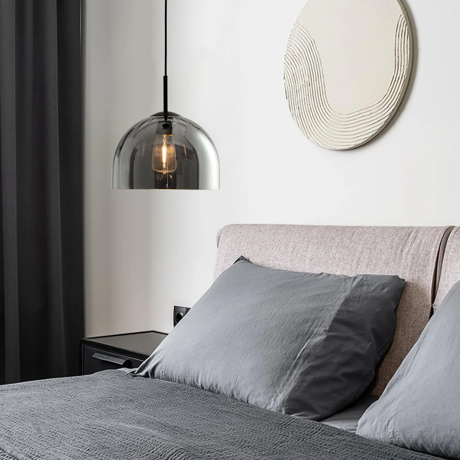 Modern Dome Pendant Lighting Fixtures, 11.8 Inch Large Boho Chandelier, Rustic Farmhouse Industrial Hanging Ceiling Lamp with Grey Glass Bell Lampshade for Kitchen Island Dining Room