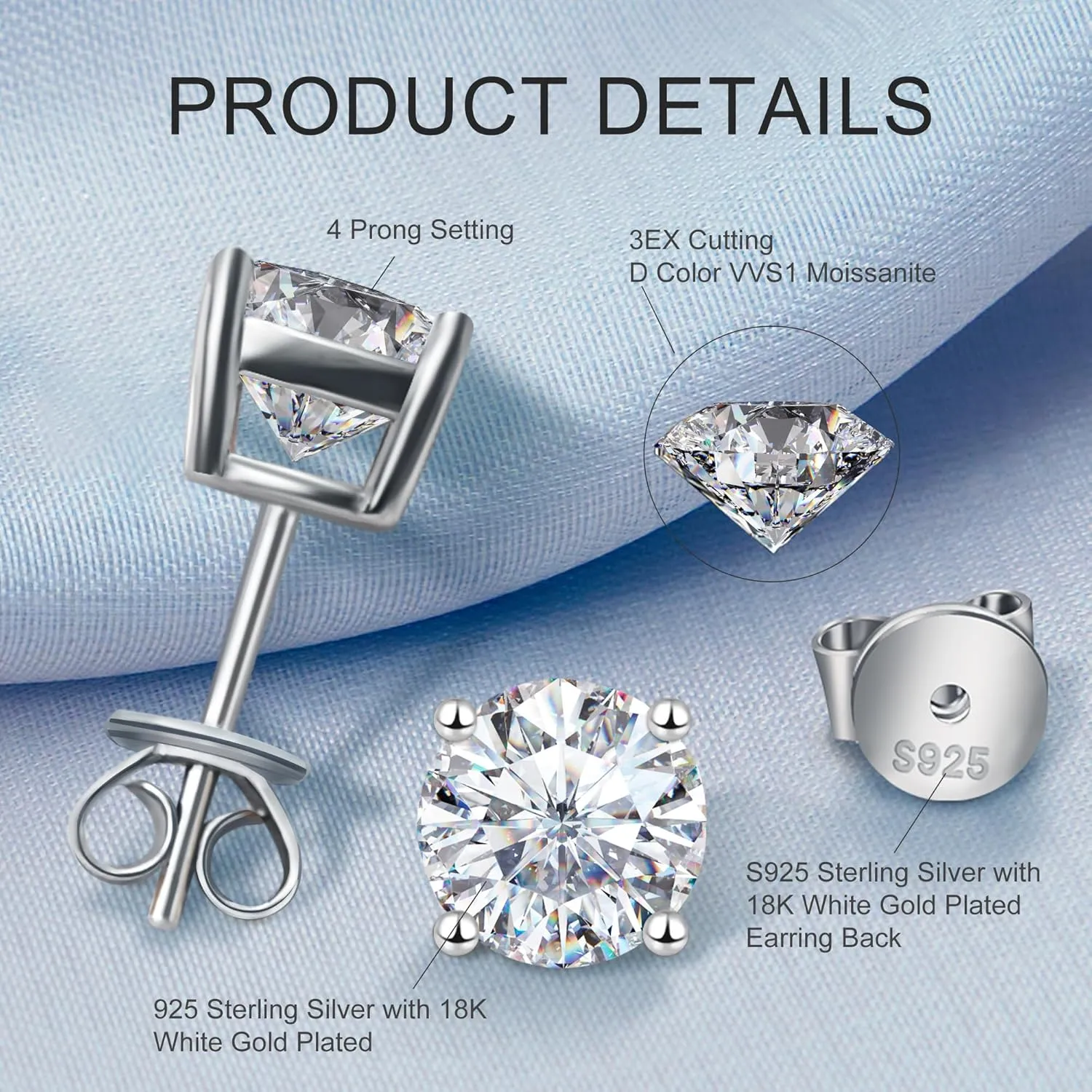 Moissanite Earrings Studs 1ct-3ct for Women/Men, 925 Sterling Silver with 18K White Gold Plated Hypoallergenic Flat Screw Back Birthday Gifts for Women Girlfriend Wife Engagement Jewelry