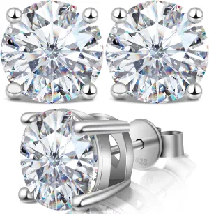 Moissanite Earrings Studs 1ct-3ct for Women/Men, 925 Sterling Silver with 18K White Gold Plated Hypoallergenic Flat Screw Back Birthday Gifts for Women Girlfriend Wife Engagement Jewelry
