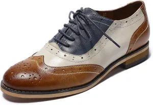 Mona flying Womens Leather Flat Oxfords Shoes for Women Perforated Lace-up Wingtip Vintage Brogues Shoes