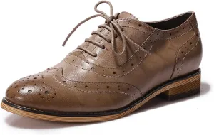 Mona flying Womens Leather Flat Oxfords Shoes for Women Perforated Lace-up Wingtip Vintage Brogues Shoes