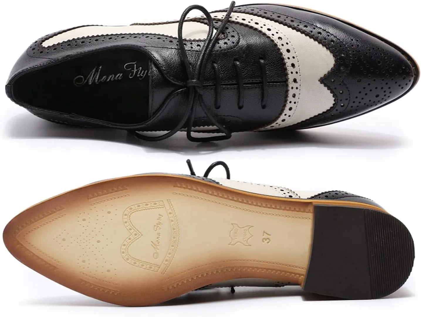 Mona flying Women's Perforated Oxfords Wingtip Brogue Lace up Leather Flat Office Work Shoes for Ladies