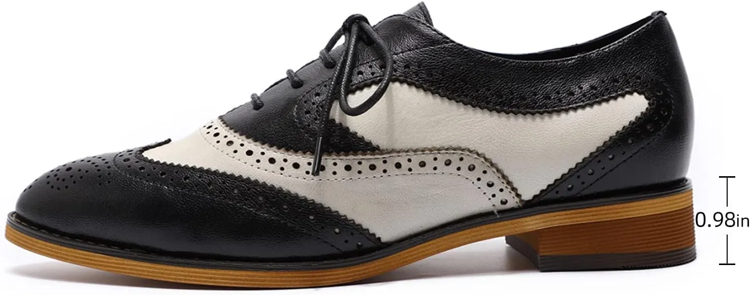Mona flying Women's Perforated Oxfords Wingtip Brogue Lace up Leather Flat Office Work Shoes for Ladies