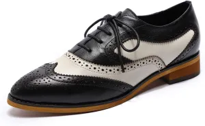 Mona flying Women's Perforated Oxfords Wingtip Brogue Lace up Leather Flat Office Work Shoes for Ladies