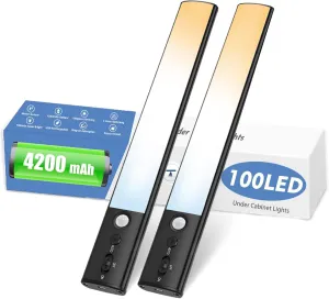 Motion Sensor Cabinet Light 2 Pack- 4200 mAh Battery Operated Rechargeable Closet Lights - Extra-Bright Under Cabinet Lights - Wireless Indoor LED Light Strip - Motion Activated Lighting