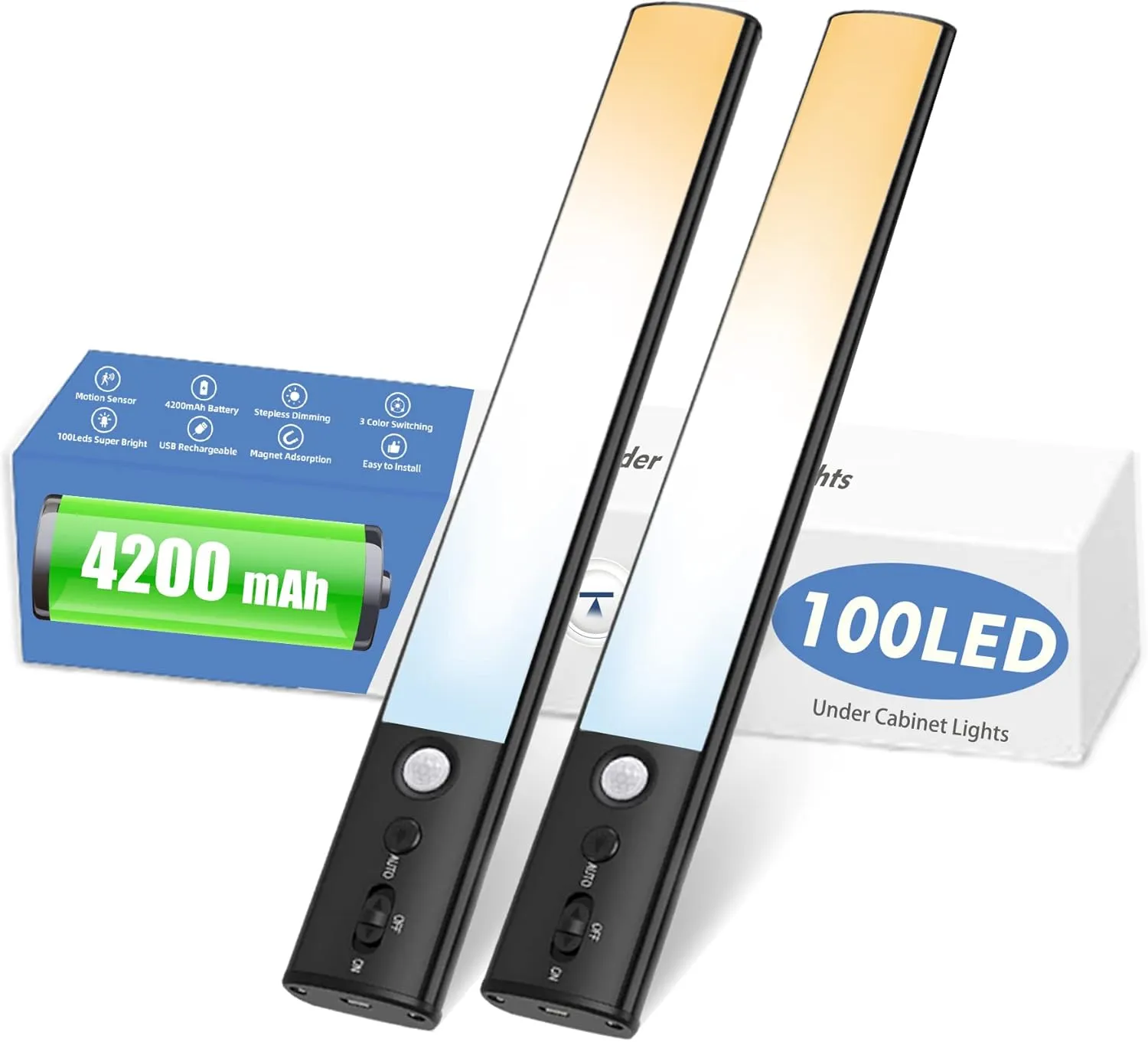 Motion Sensor Cabinet Light 2 Pack- 4200 mAh Battery Operated Rechargeable Closet Lights - Extra-Bright Under Cabinet Lights - Wireless Indoor LED Light Strip - Motion Activated Lighting