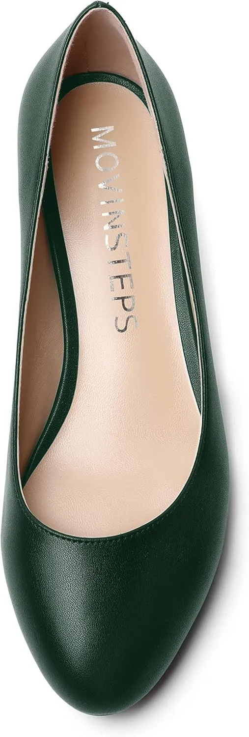 MOVINSTEPS Womens Dating Matte Slip On Round Toe Dress Spool Low Heel Pumps Shoes 1.5 Inch