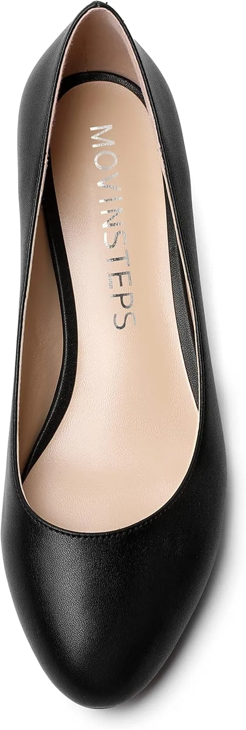MOVINSTEPS Womens Dating Matte Slip On Round Toe Dress Spool Low Heel Pumps Shoes 1.5 Inch