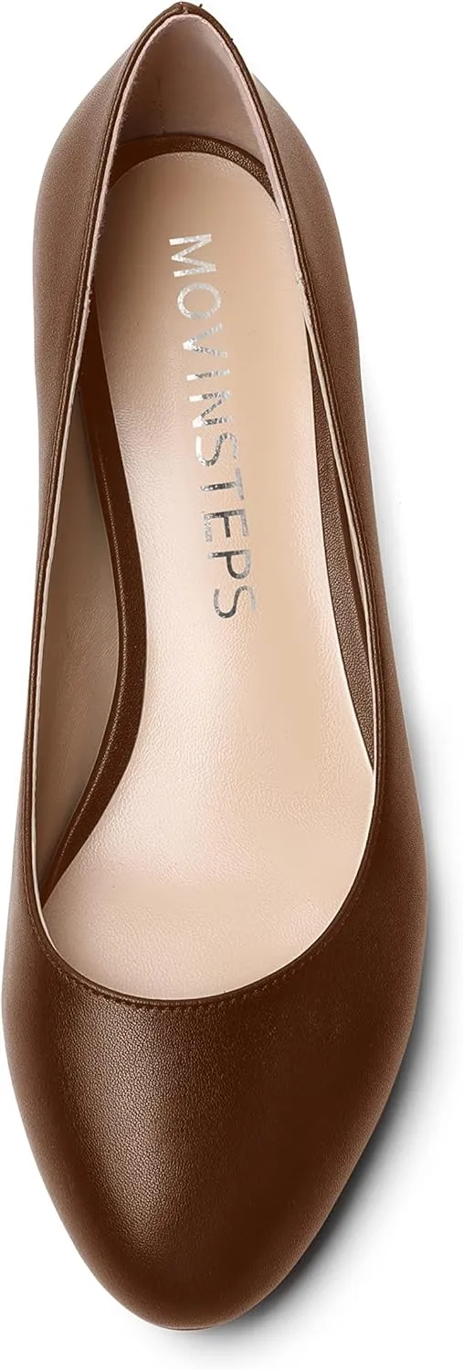 MOVINSTEPS Womens Dating Matte Slip On Round Toe Dress Spool Low Heel Pumps Shoes 1.5 Inch