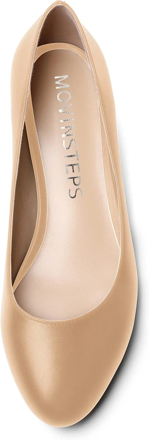 MOVINSTEPS Womens Dating Matte Slip On Round Toe Dress Spool Low Heel Pumps Shoes 1.5 Inch