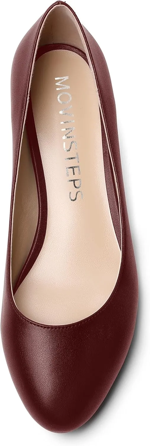 MOVINSTEPS Womens Dating Matte Slip On Round Toe Dress Spool Low Heel Pumps Shoes 1.5 Inch